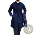 Navy blue wool winter trench coat with a belted waist, structured collar, and front button closure