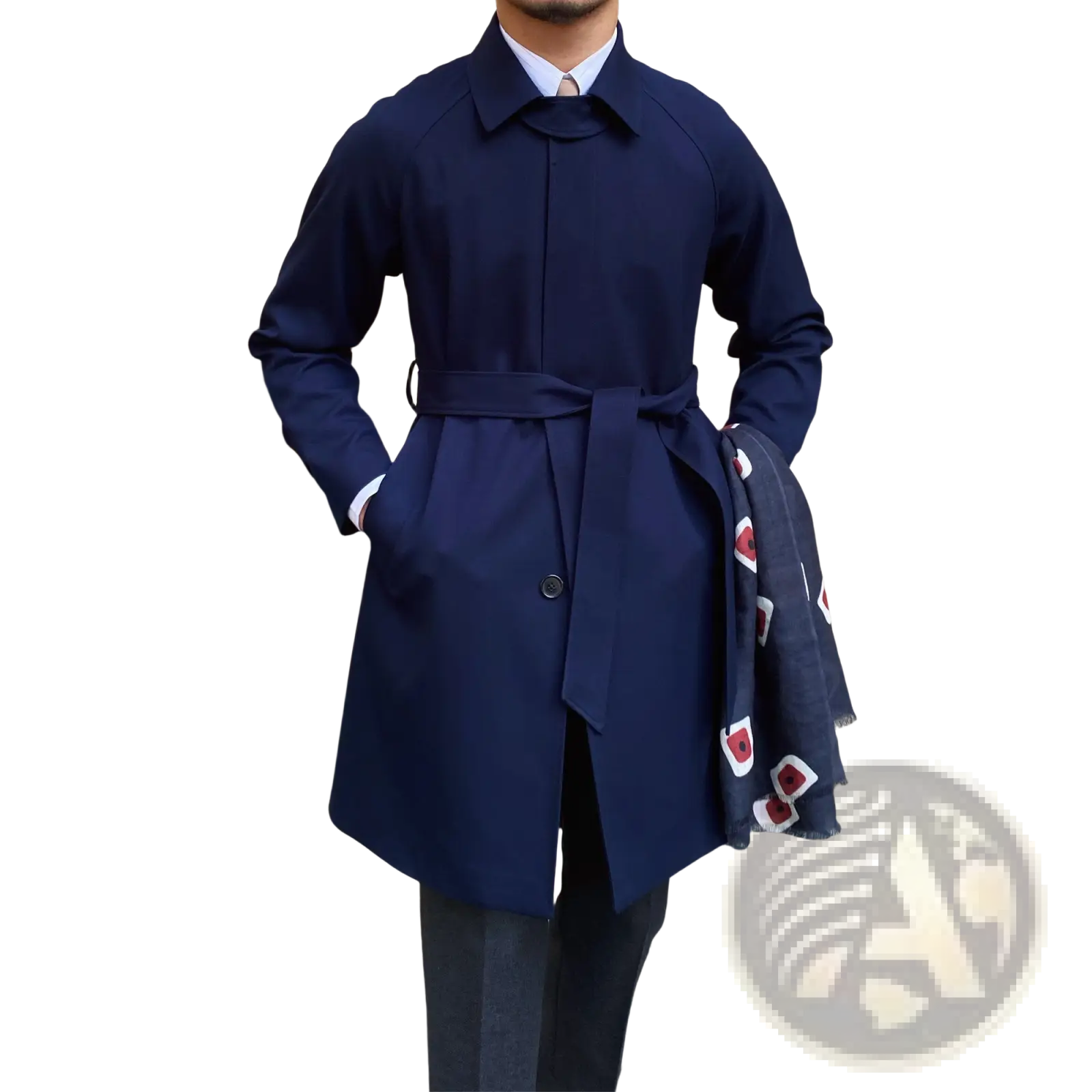 Navy blue wool winter trench coat with a belted waist, structured collar, and front button closure
