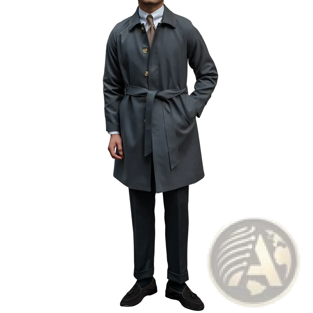 Dark gray wool winter trench coat with a classic collar, buttoned front, and belted waist for single-breasted wear