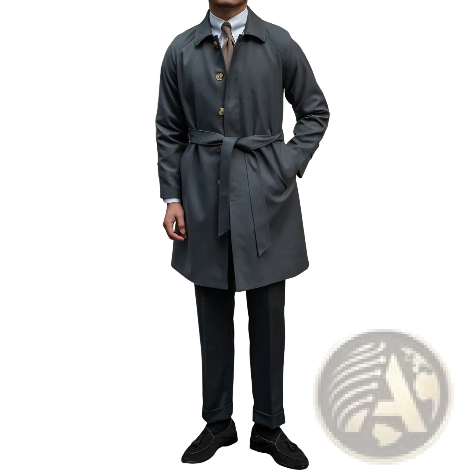Dark gray wool winter trench coat with a classic collar, buttoned front, and belted waist for single-breasted wear