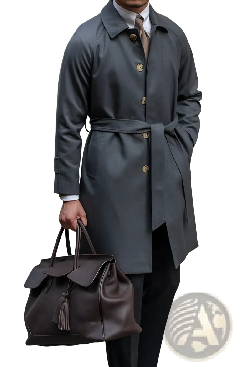 Dark brown leather tote bag with flap closure and tassel detail paired with a wool winter trench coat dark gray