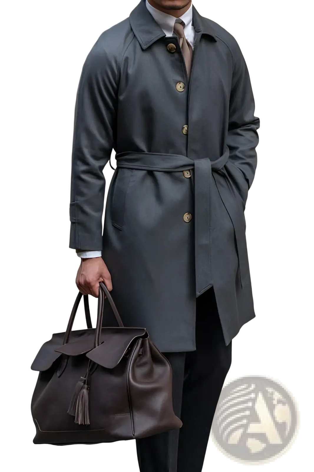 Dark brown leather tote bag with flap closure and tassel detail paired with a wool winter trench coat dark gray