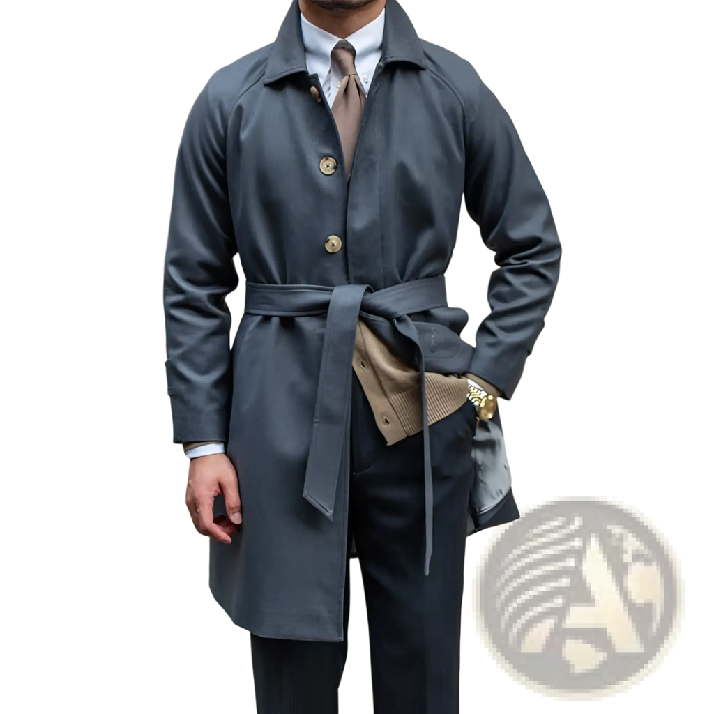 Dark gray wool winter trench coat with gold toned buttons and matching waist tie for cold weather wear