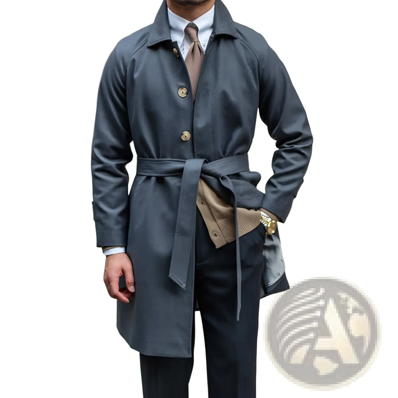 Dark gray wool winter trench coat with gold toned buttons and matching waist tie for cold weather wear