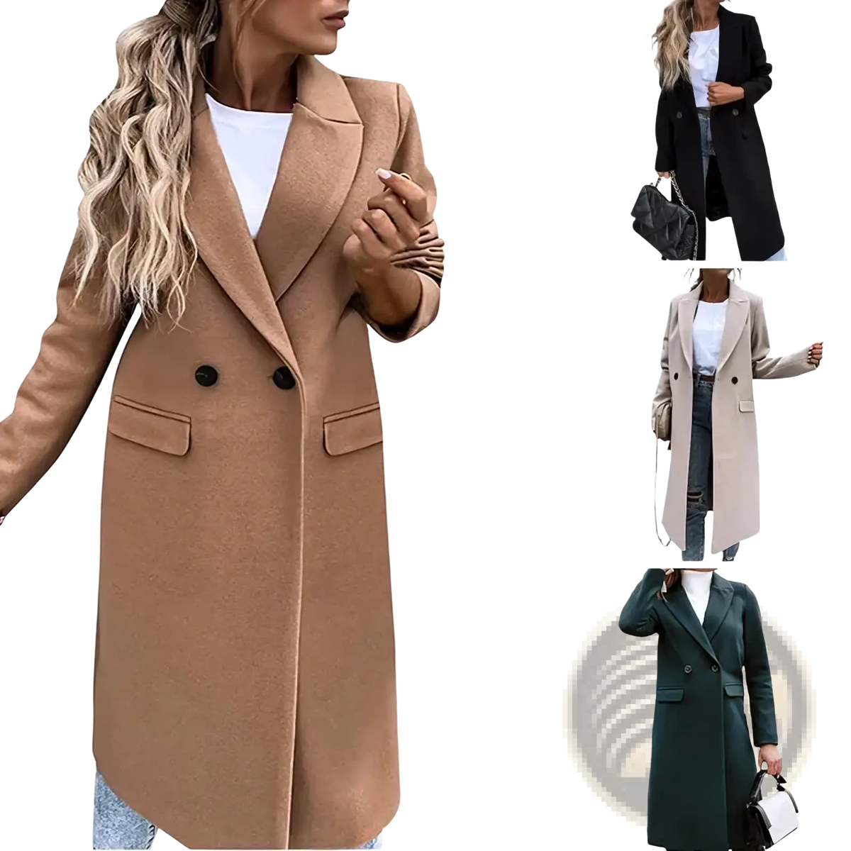 Beige double-breasted woolen coat for women with black buttons and flap pockets long winter outerwear