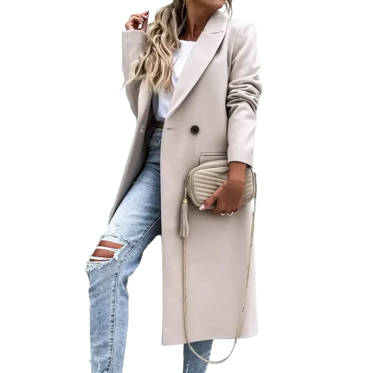 Beige quilted crossbody clutch with chain strap and tassel detail paired with woolen coat women long winter outerwear
