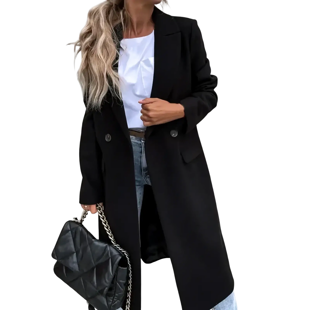 Black quilted leather handbag with silver chain strap paired with woolen coat women long winter outerwear