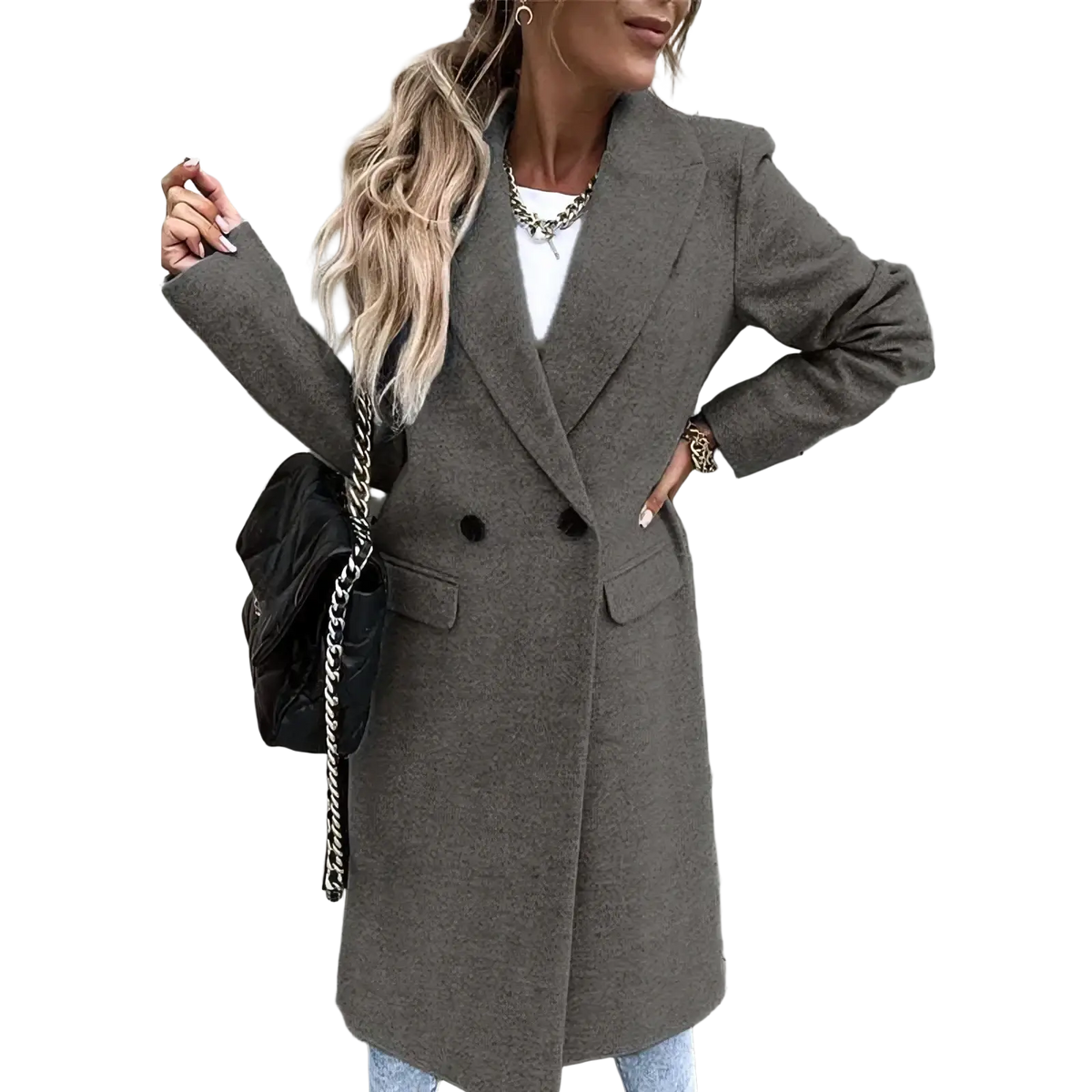 Gray woolen coat women long winter outerwear with double-breasted black buttons and structured silhouette
