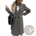 Gray woolen coat women long winter outerwear with double-breasted black buttons and structured silhouette