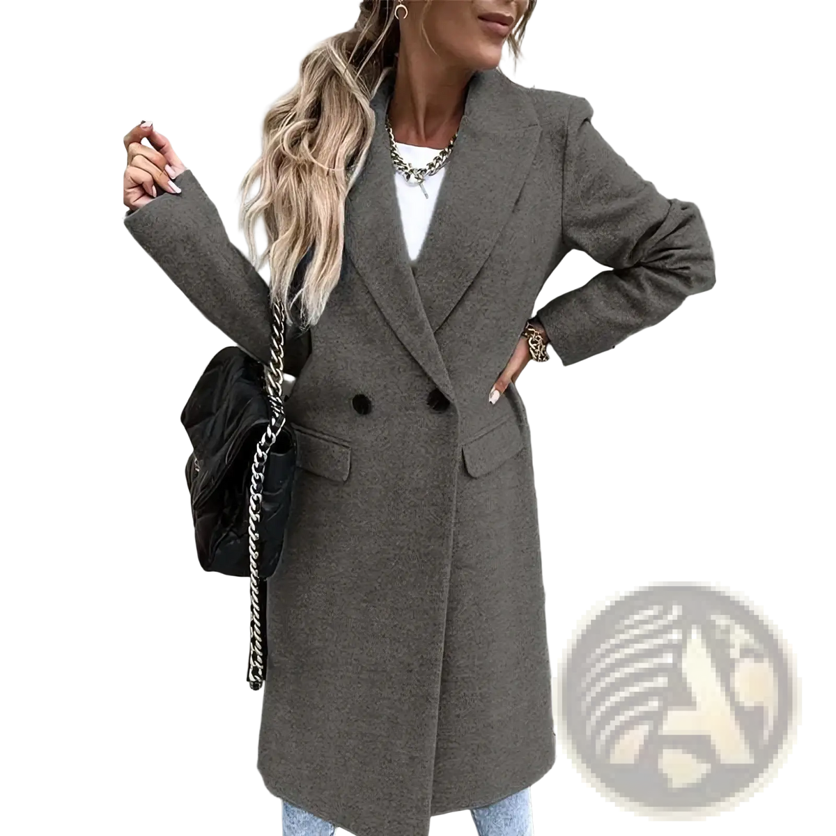 Gray woolen coat women long winter outerwear with double-breasted black buttons and structured silhouette