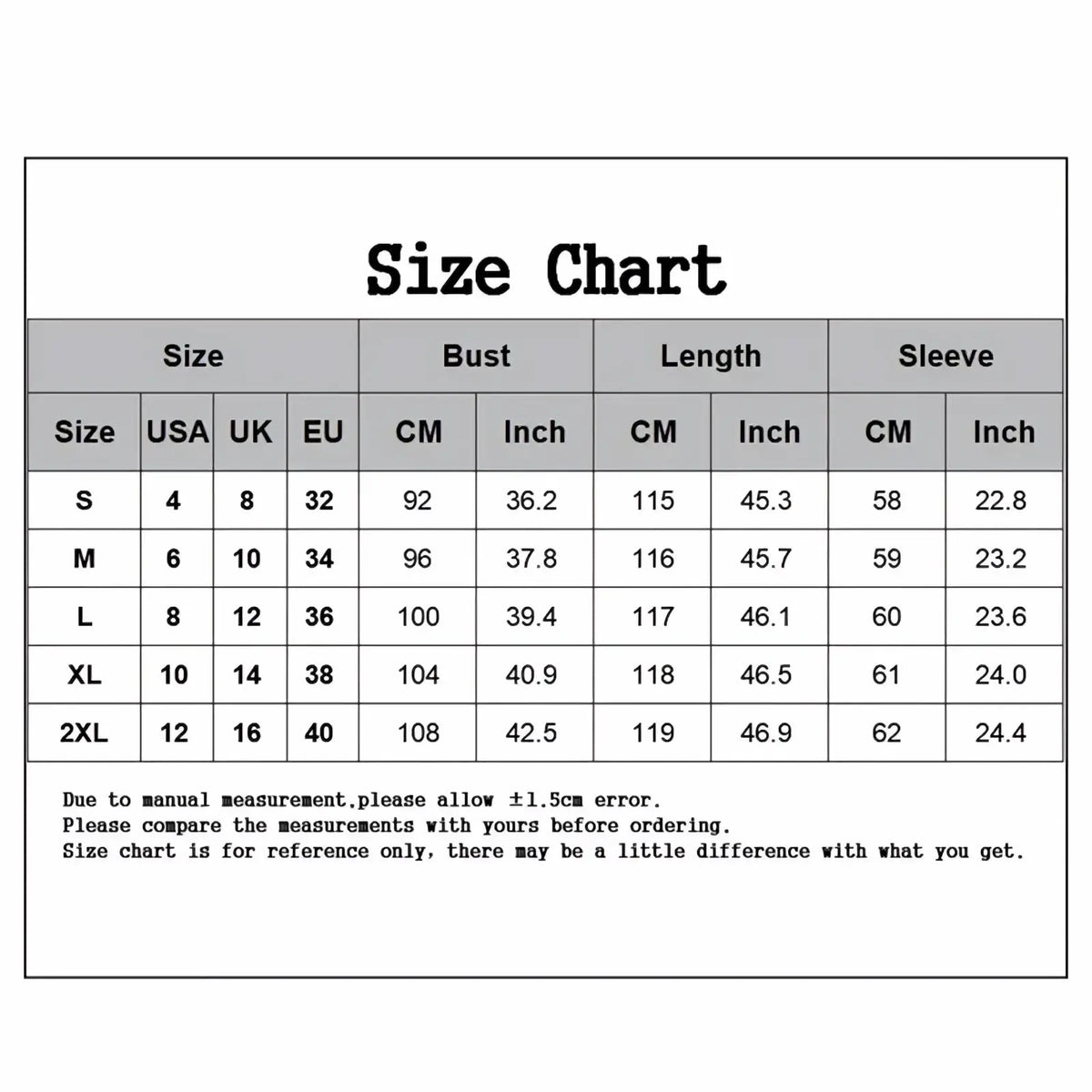 Size chart for women long woolen coat winter outerwear showing measurements in various units from s to 2xl