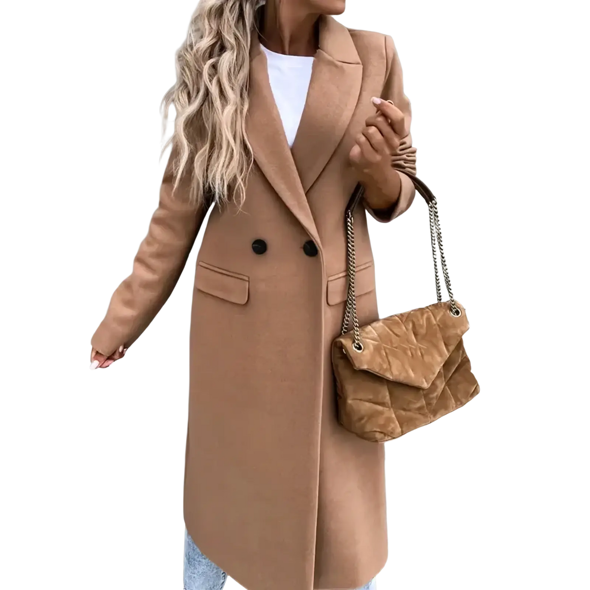 Tan quilted velvet handbag with chain strap complementing woolen coat women long winter outerwear