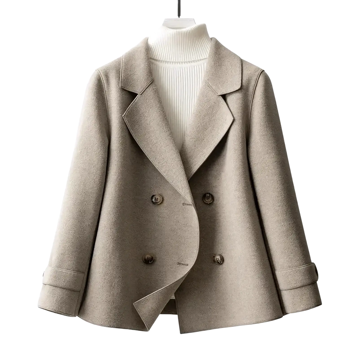 Beige woolen coat women double-breasted winter jacket with classic collar and matching buttons