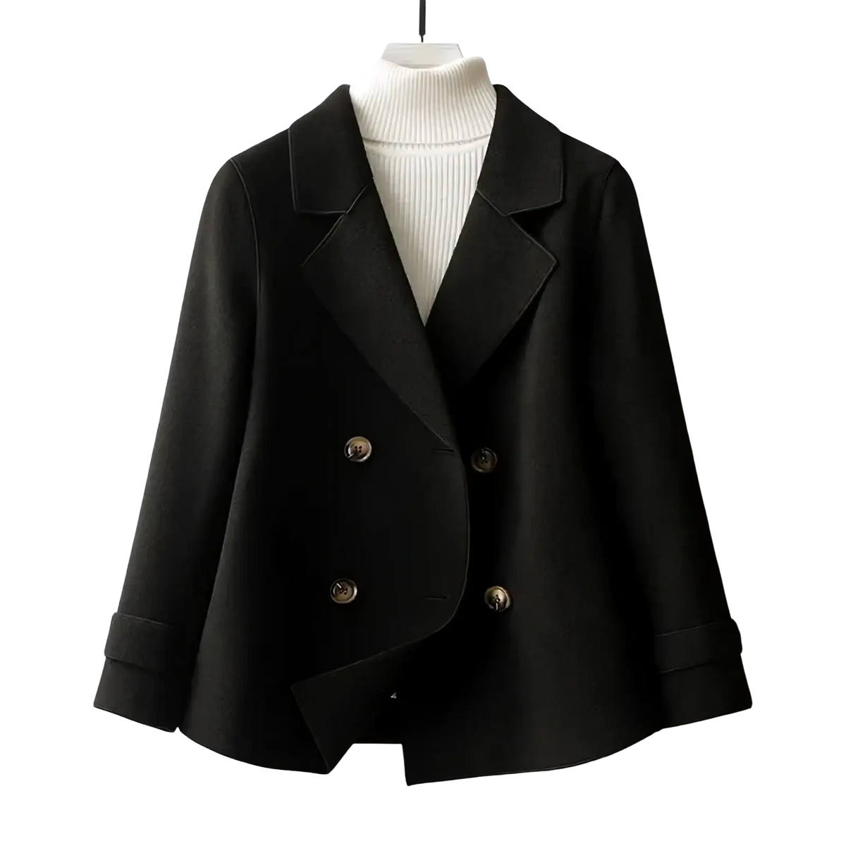 Black woolen double-breasted blazer with metallic buttons and rolled cuffs for women winter jacket