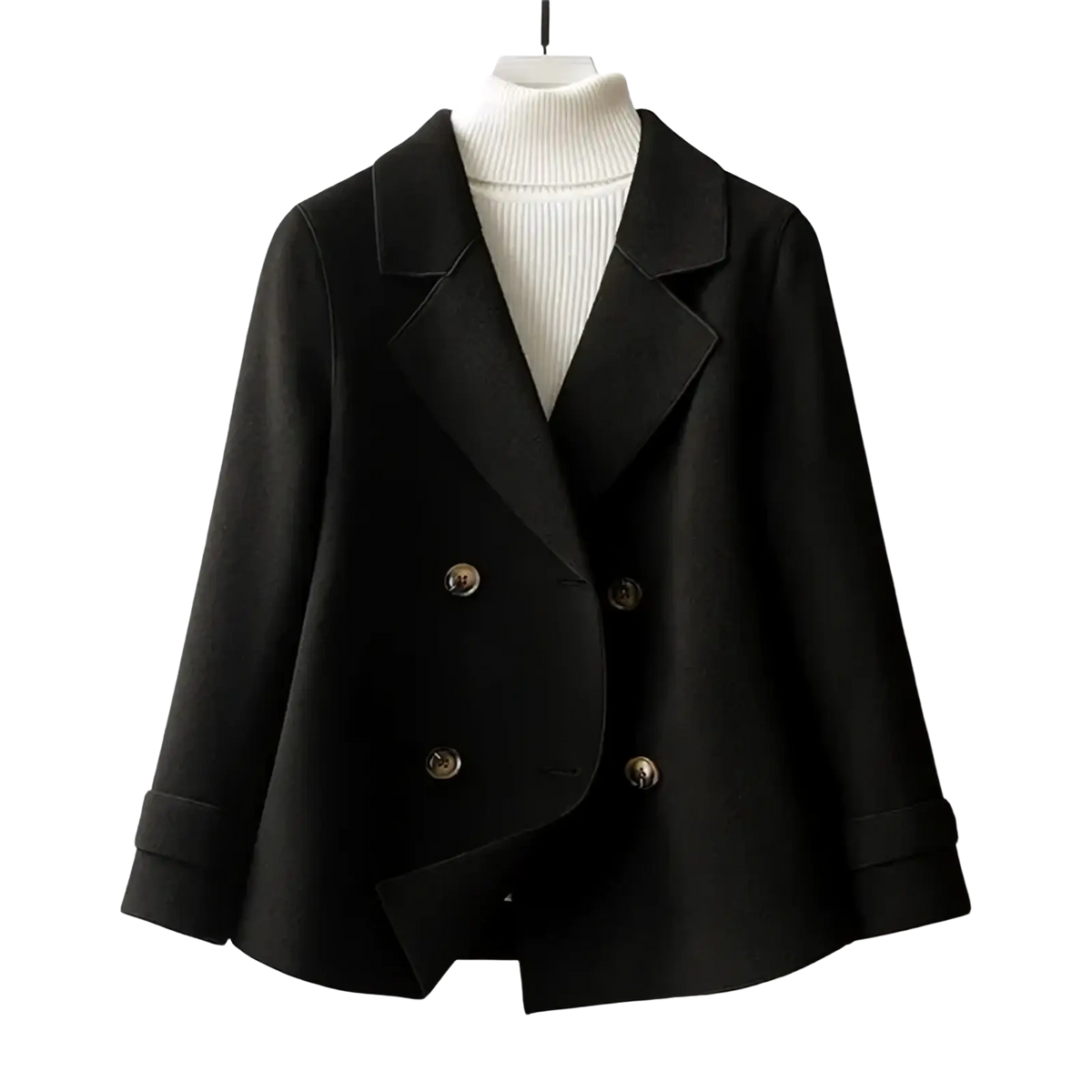 Black woolen double-breasted blazer with gold-toned buttons and rolled cuffs for women winter coat