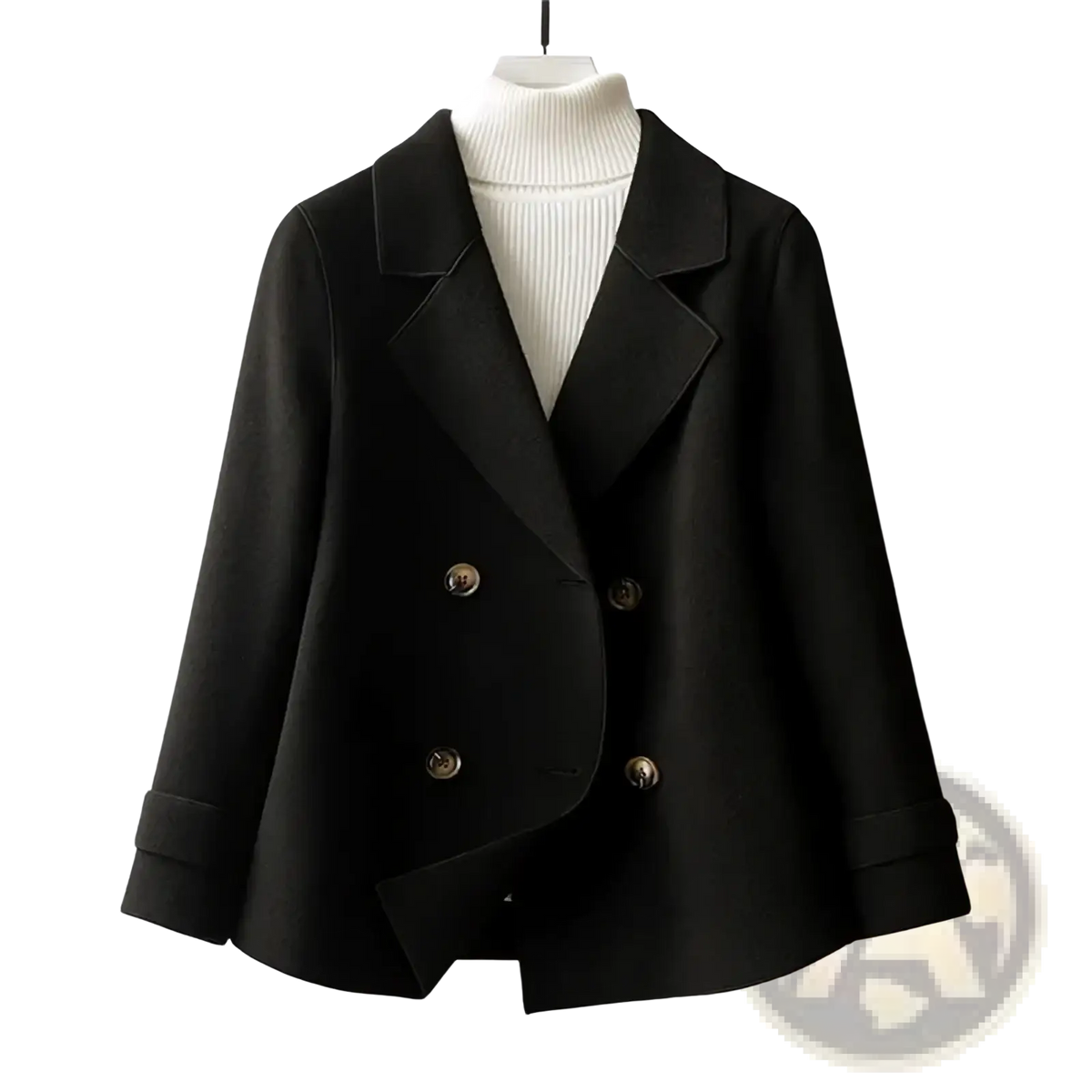 Black woolen double-breasted blazer with gold-toned buttons and rolled cuffs for women winter coat