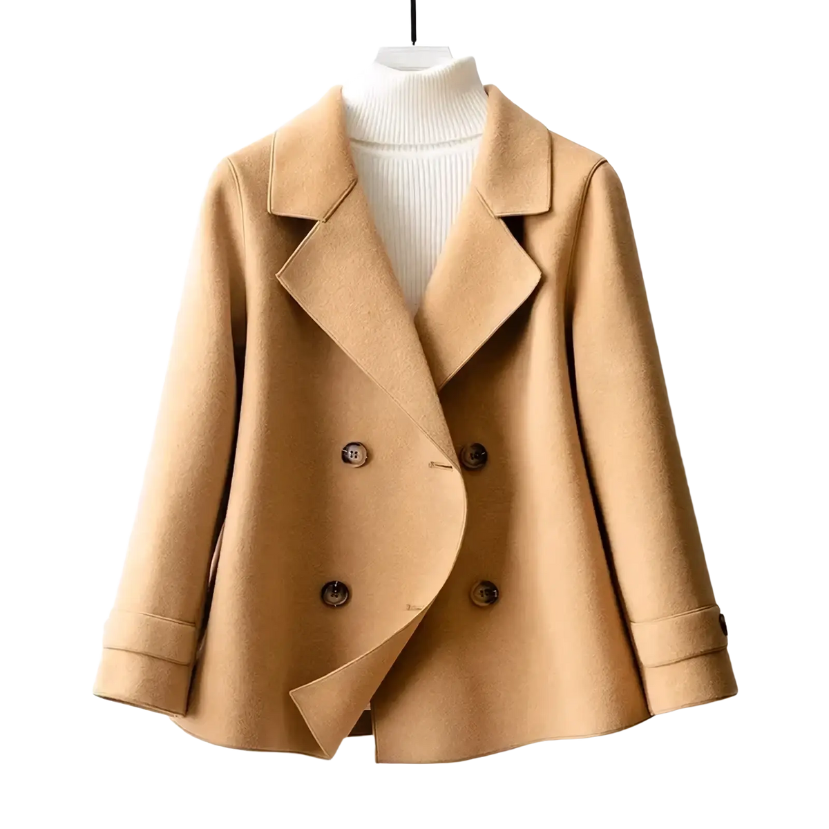 A camel-colored double-breasted woolen coat with classic collar dark buttons for women winter wear
