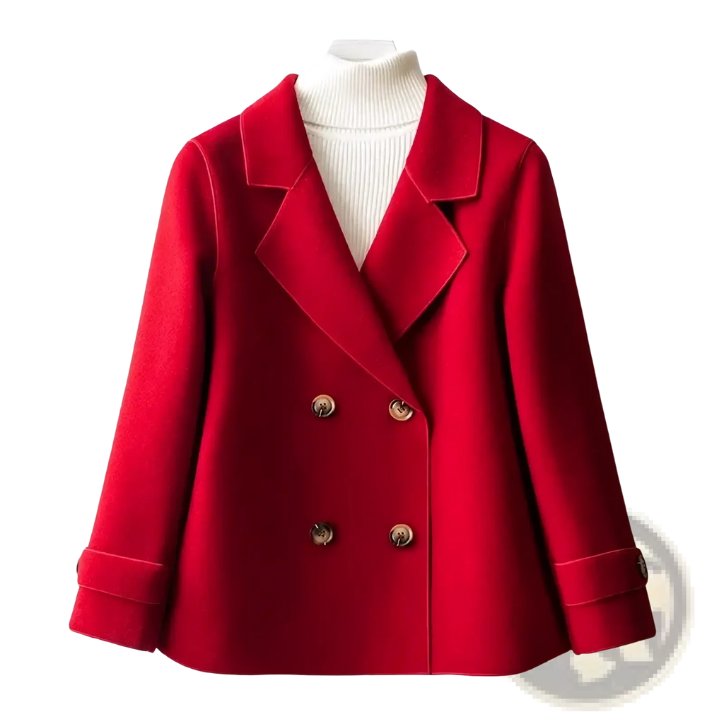 Red double-breasted woolen coat for women with gold-toned buttons and rolled cuffs suitable for winter wear
