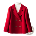 Red double-breasted woolen coat for women with gold-toned buttons and rolled cuffs suitable for winter wear