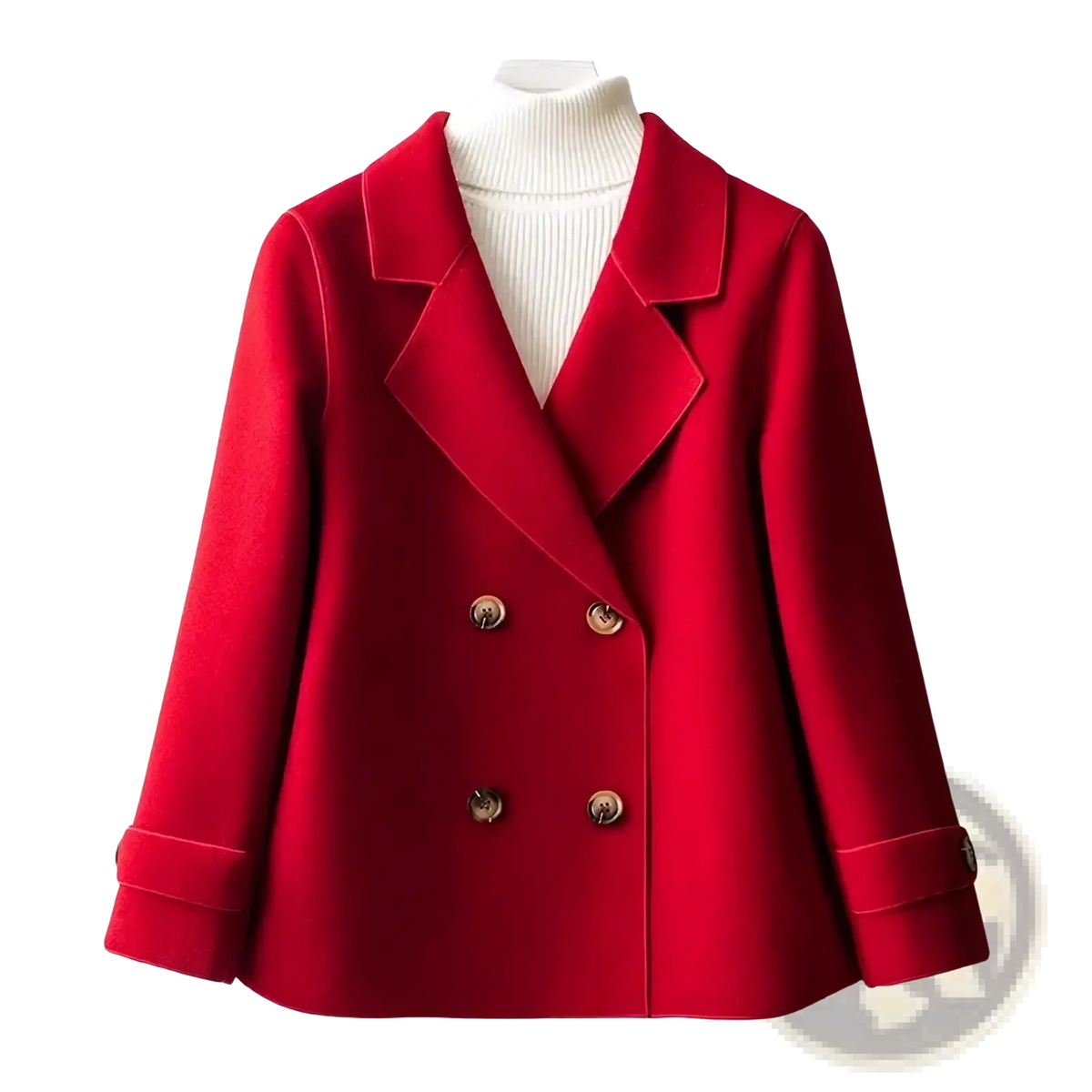Red double-breasted woolen coat for women with gold-toned buttons and rolled cuffs suitable for winter wear
