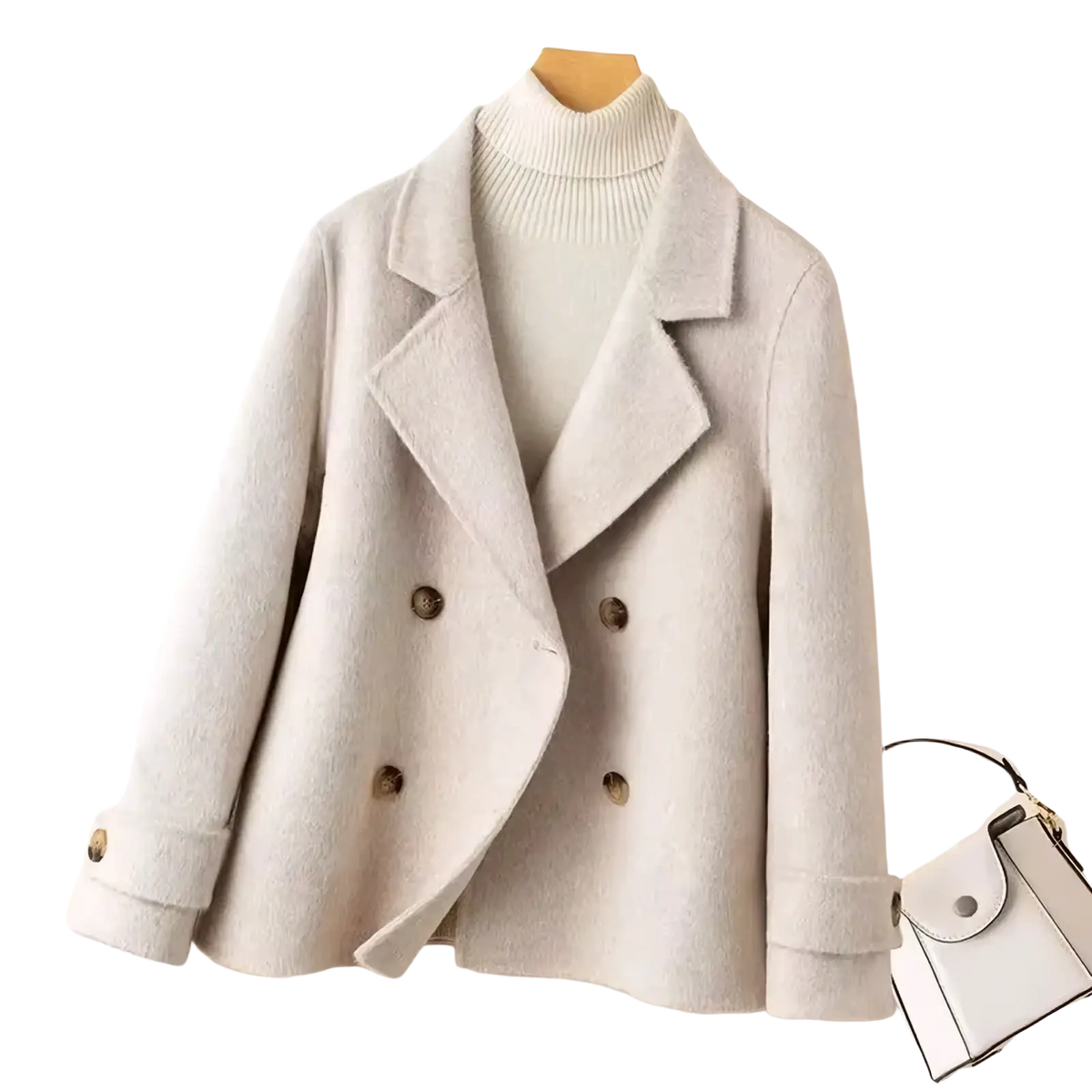 Soft light gray woolen double-breasted coat with classic collar and buttons for women winter wear