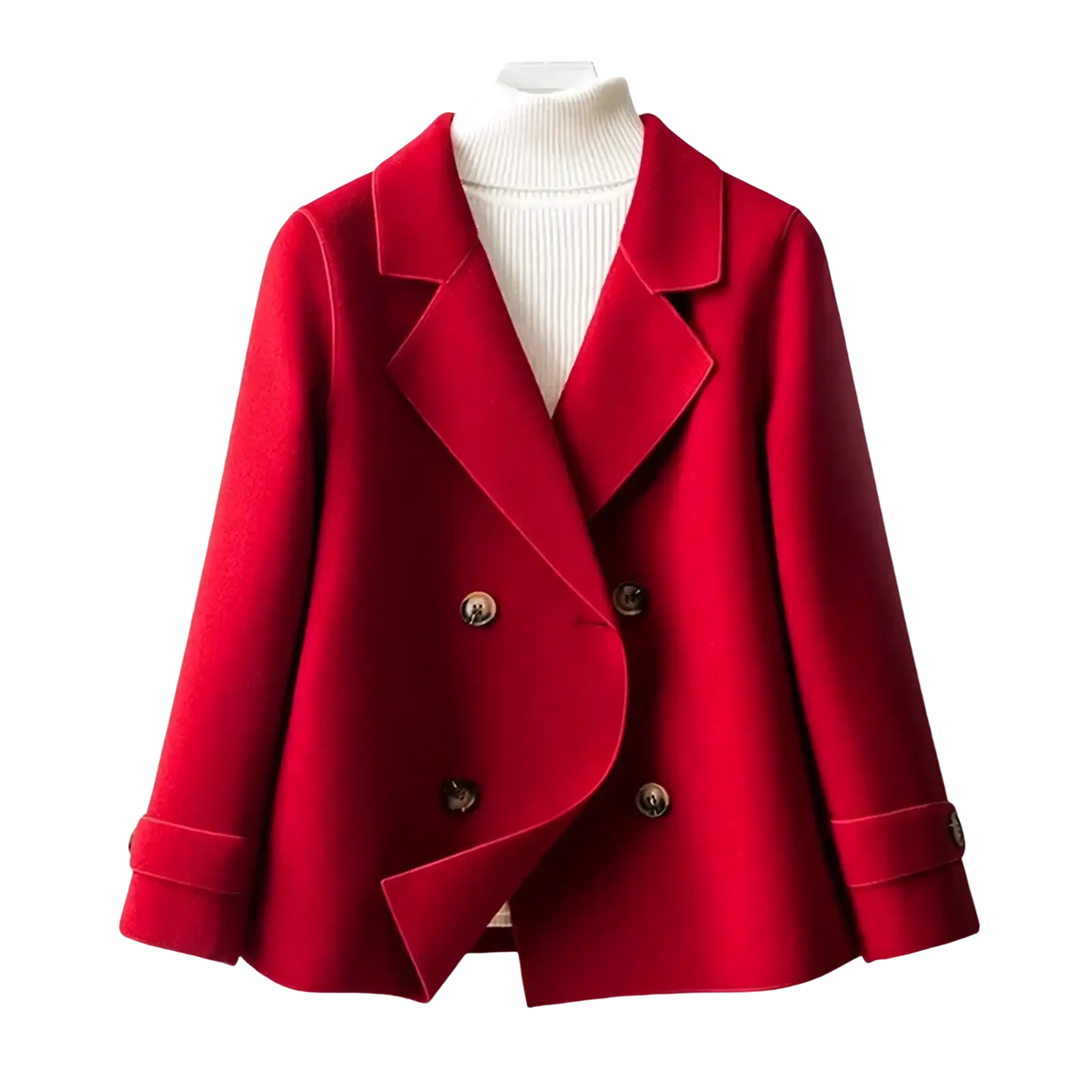 Vibrant red double-breasted woolen coat for women with gold-toned buttons and classic notched collar winter jacket