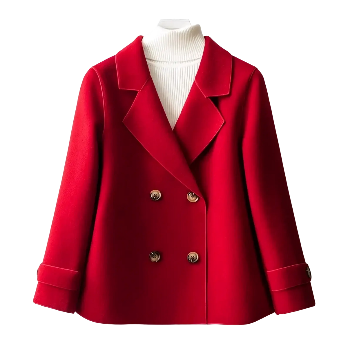 Red double-breasted woolen coat for women with gold-toned buttons and rolled cuffs suitable for winter wear
