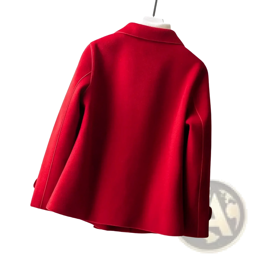 A vibrant red woolen double-breasted coat for women with long sleeves and subtle seam detailing for winter use