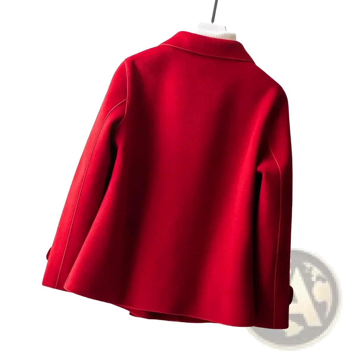 A vibrant red woolen double-breasted coat for women with long sleeves and subtle seam detailing for winter use