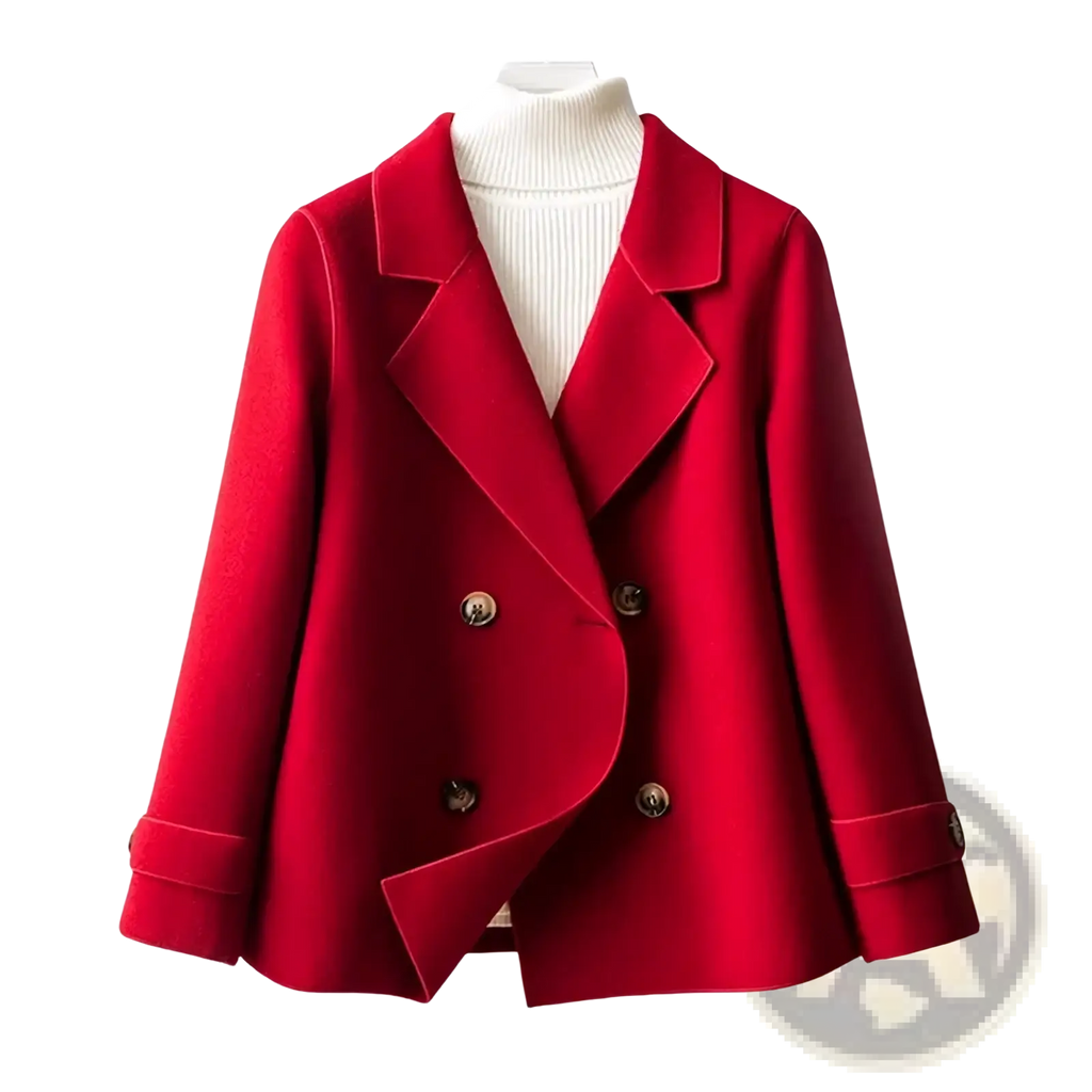 Vibrant red double-breasted woolen coat for women with gold-toned buttons and classic notched collar winter jacket