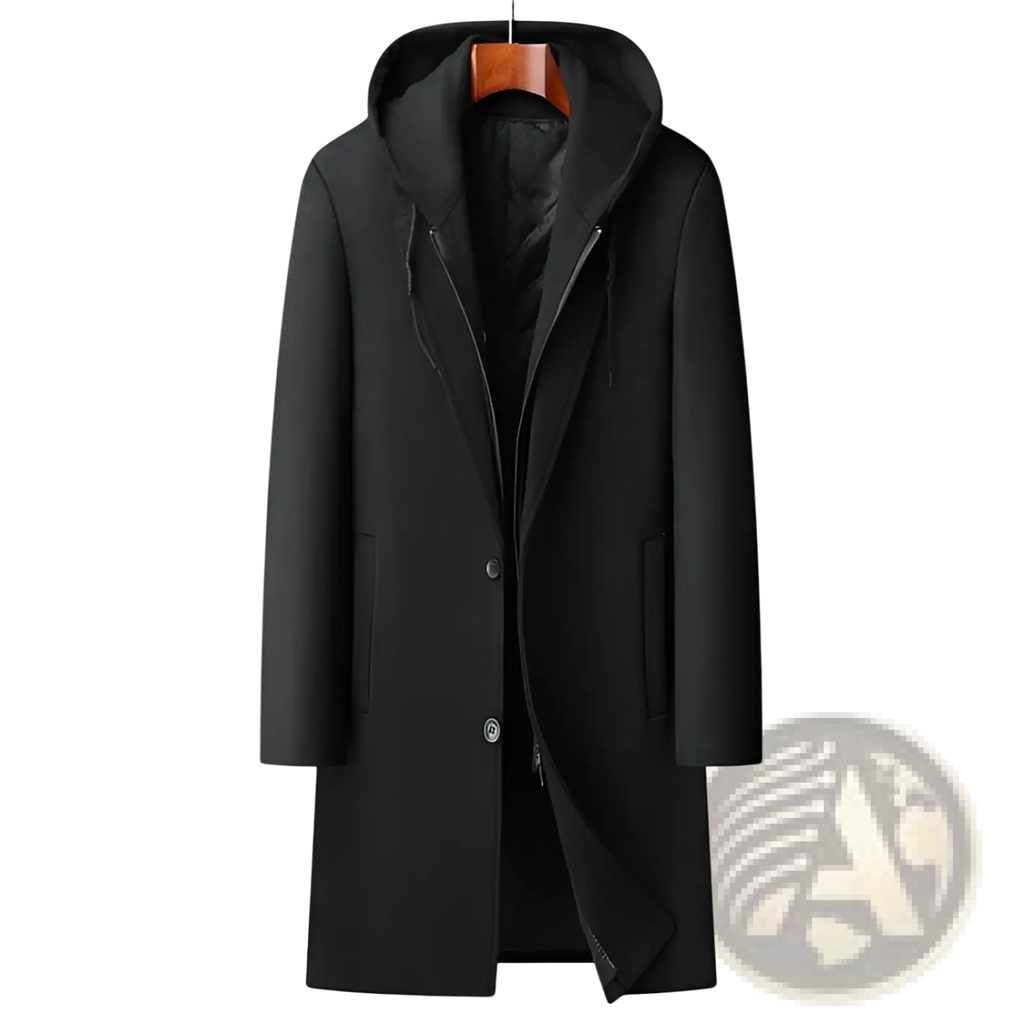 Black woolen hooded coat with front zipper and button closure detachable urban midlength men style