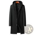 Black woolen hooded coat with front zipper and button closure detachable urban midlength men style