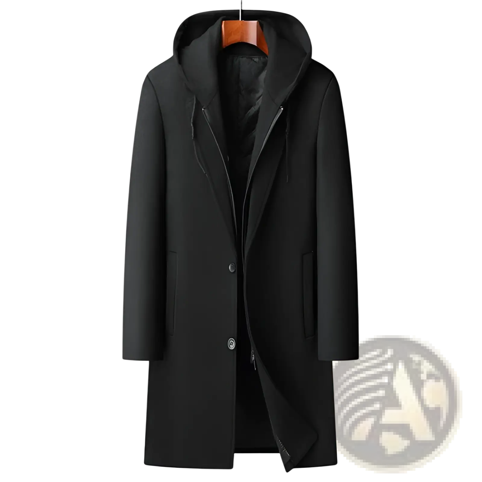 Black woolen hooded coat with front zipper and button closure detachable urban midlength men style