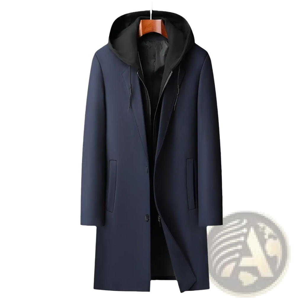 Dark blue woolen hooded coat for men with black inner lining and front zipper closure urban midlength design