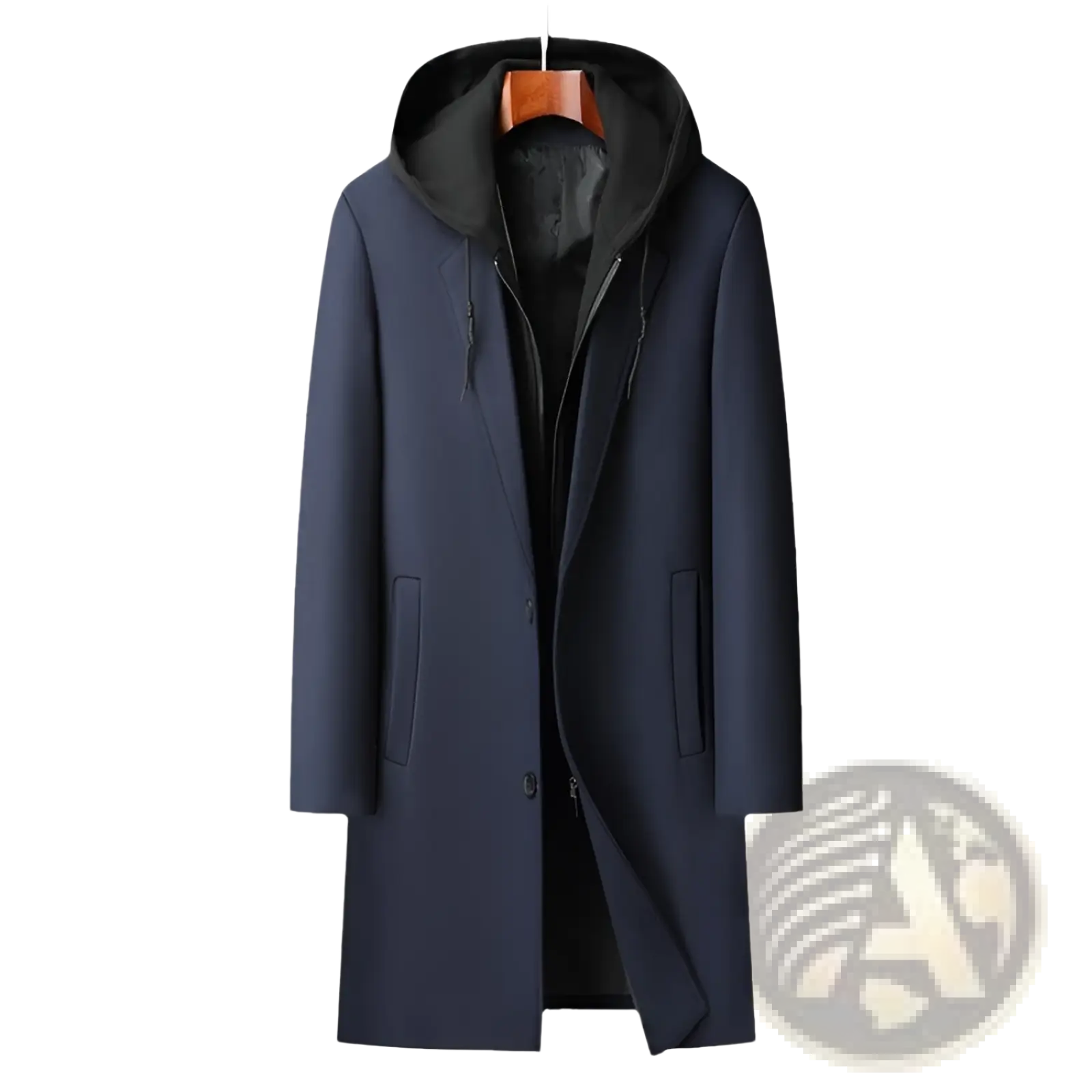 Dark blue woolen hooded coat for men with black inner lining and front zipper closure urban midlength design