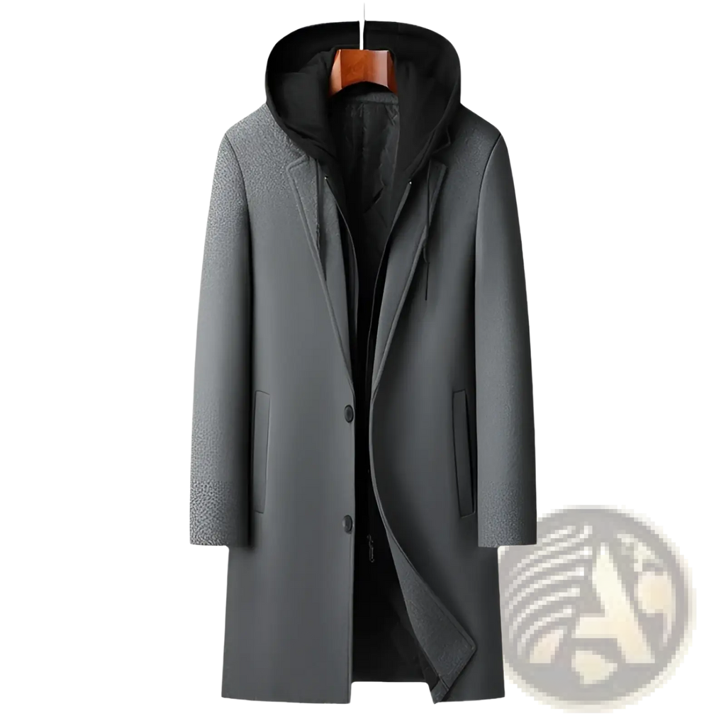 Gray woolen hooded coat with black inner lining and front button closure for detachable urban midlength men wear