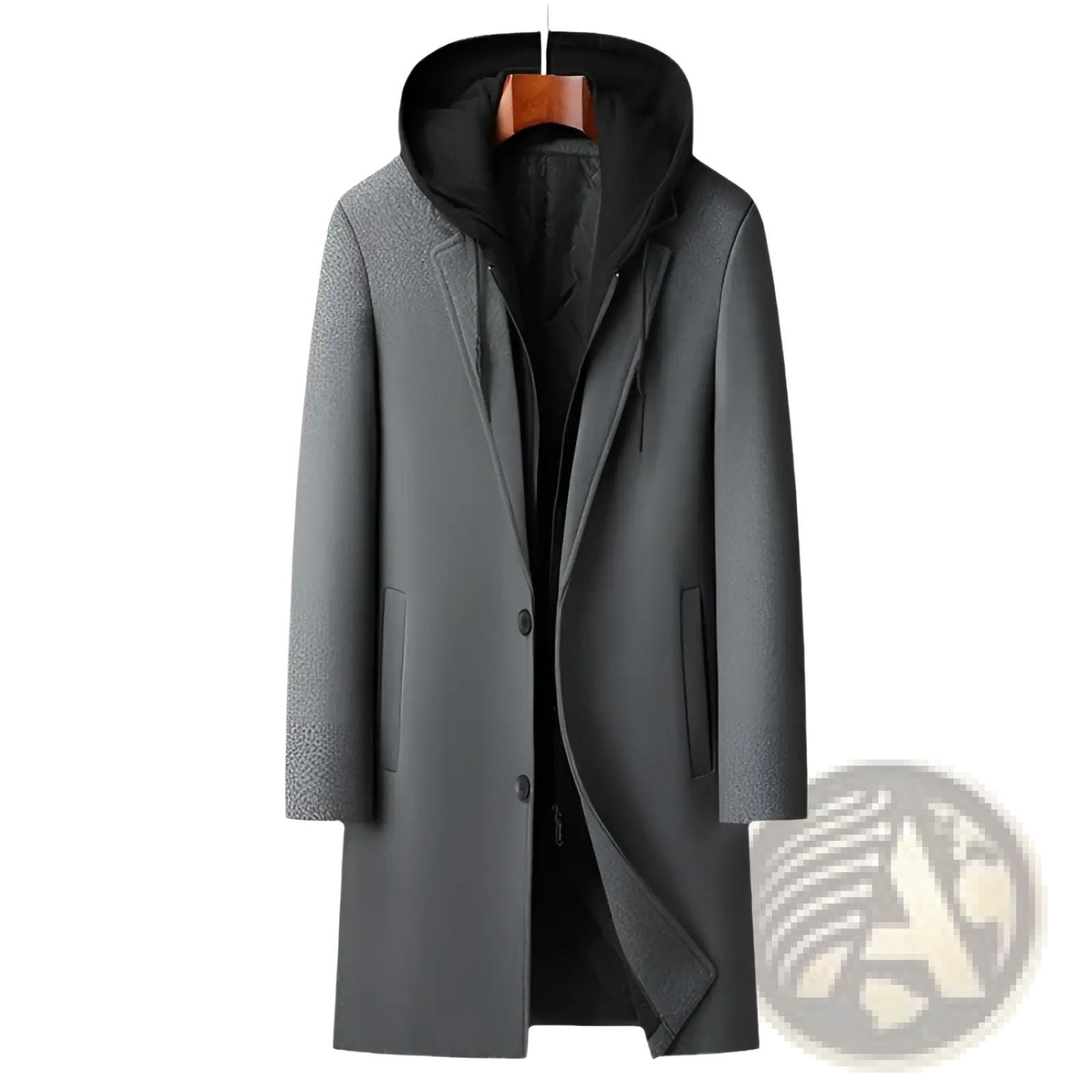 Gray woolen hooded coat with black inner lining and front button closure for detachable urban midlength men wear