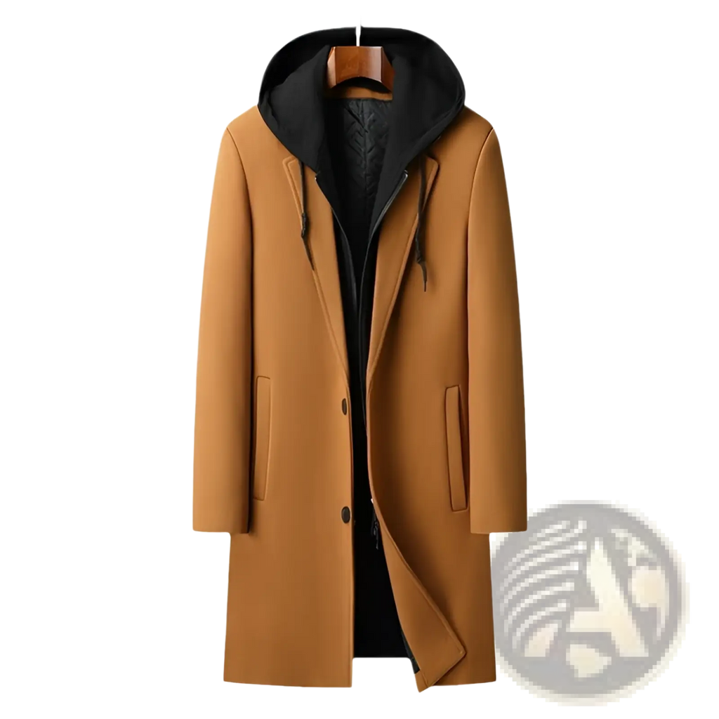 Tan woolen hooded coat for men with detachable black hood and inner lining in midlength urban style
