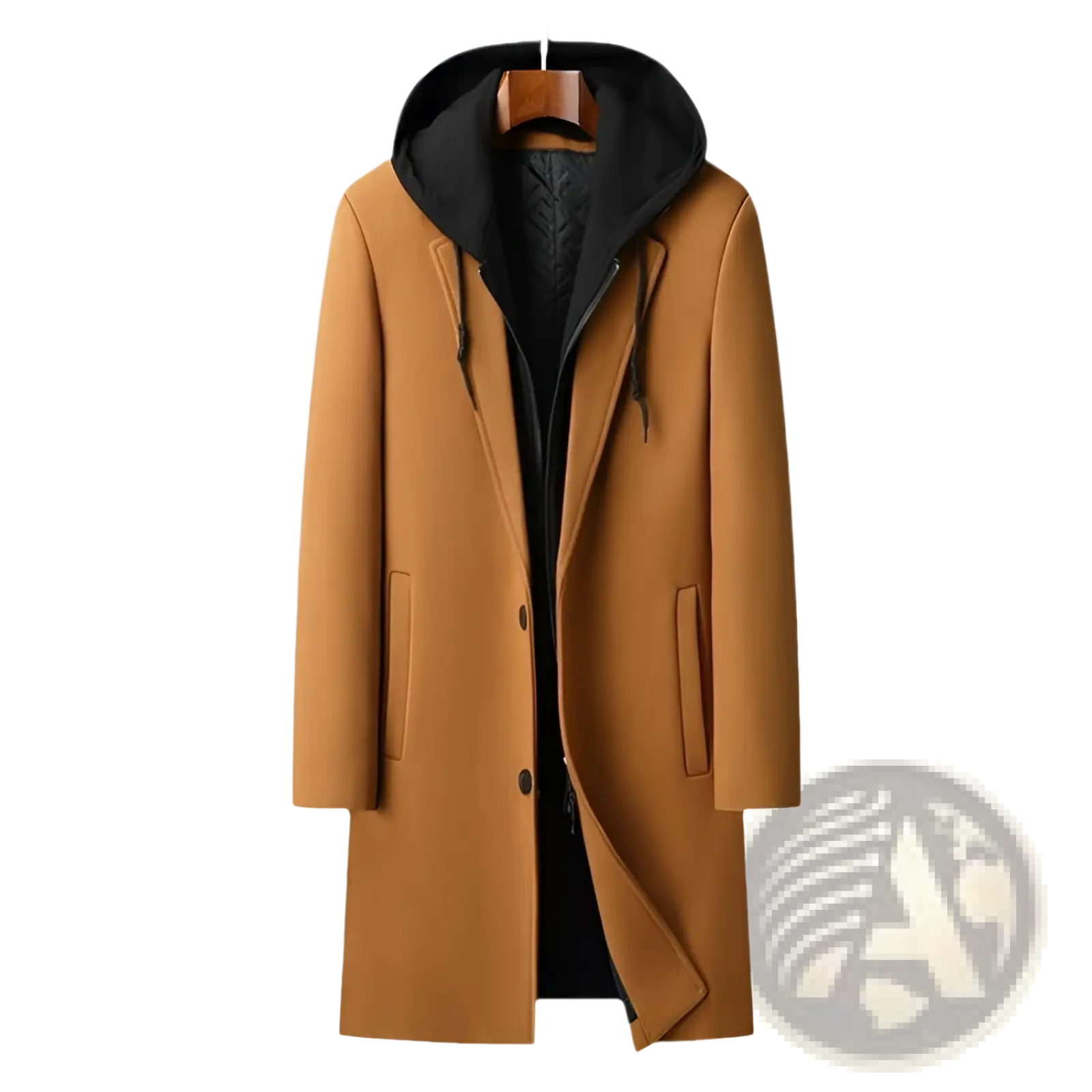 Tan woolen hooded coat for men with detachable black hood and inner lining in midlength urban style
