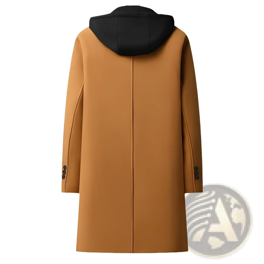 Tan woolen hooded coat with detachable black hood and three-button cuffs for urban midlength men wear