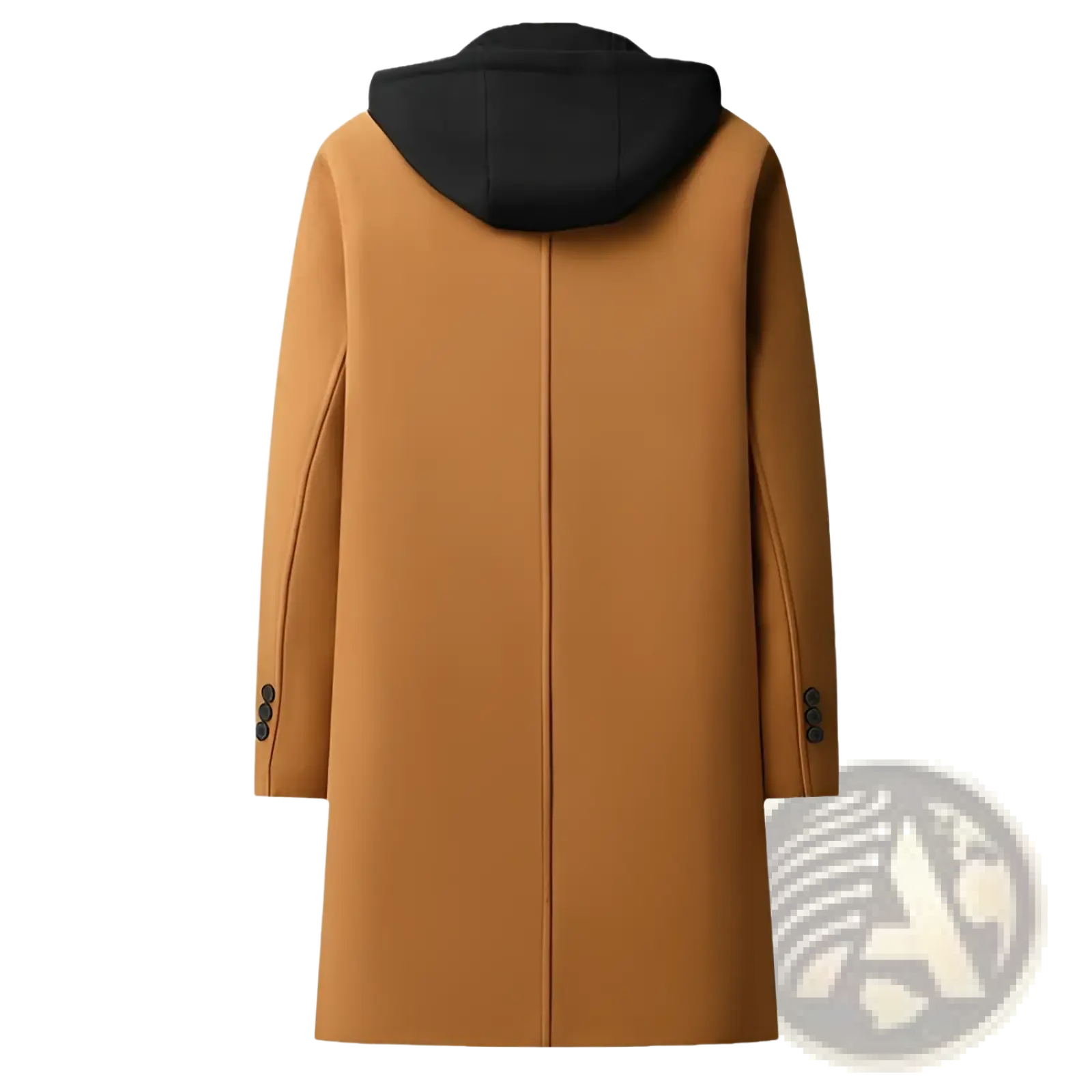 Tan woolen hooded coat with detachable black hood and three-button cuffs for urban midlength men wear