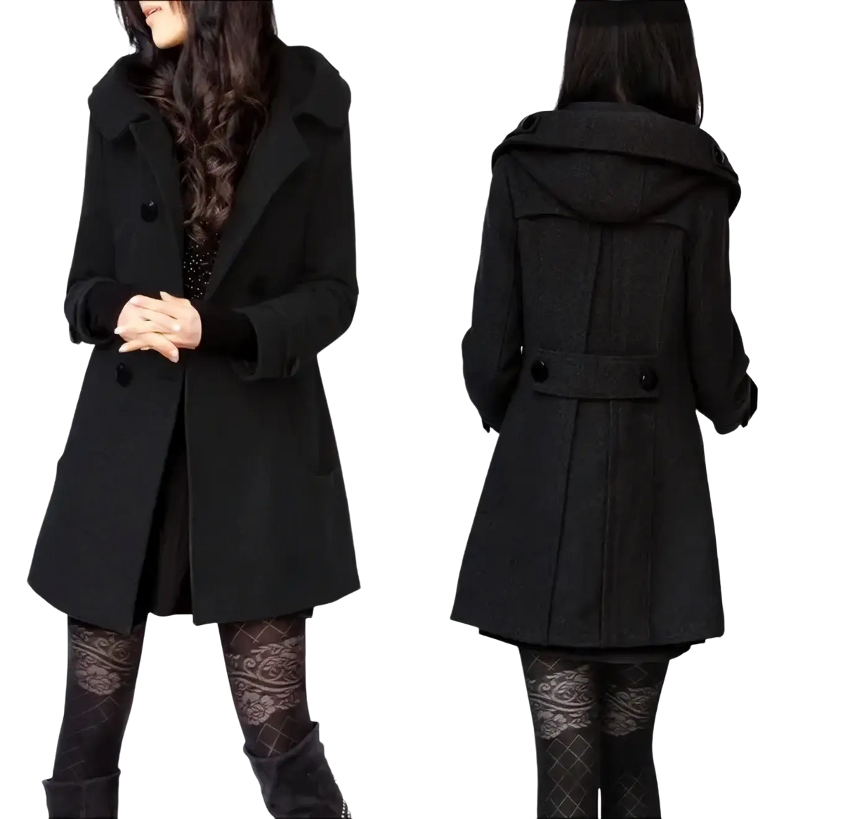 Black woolen hooded double-breasted trench coat with front buttons for stylish cold weather wear