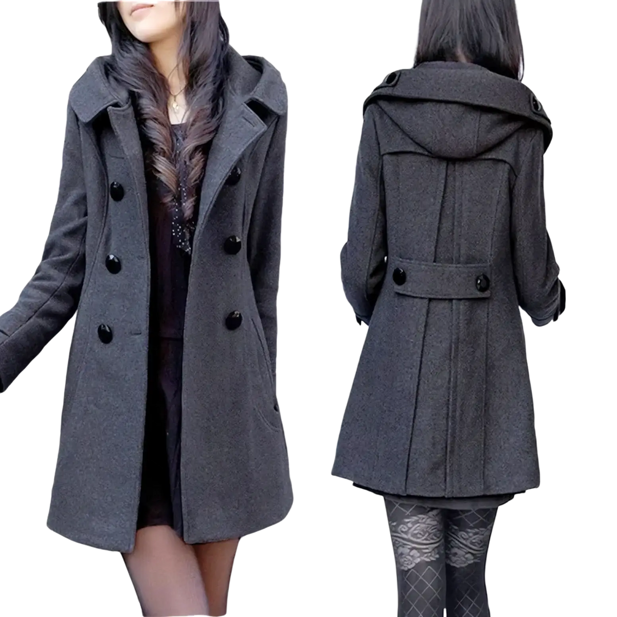 Dark gray woolen hooded double-breasted coat with black buttons showcasing the front side of the garment