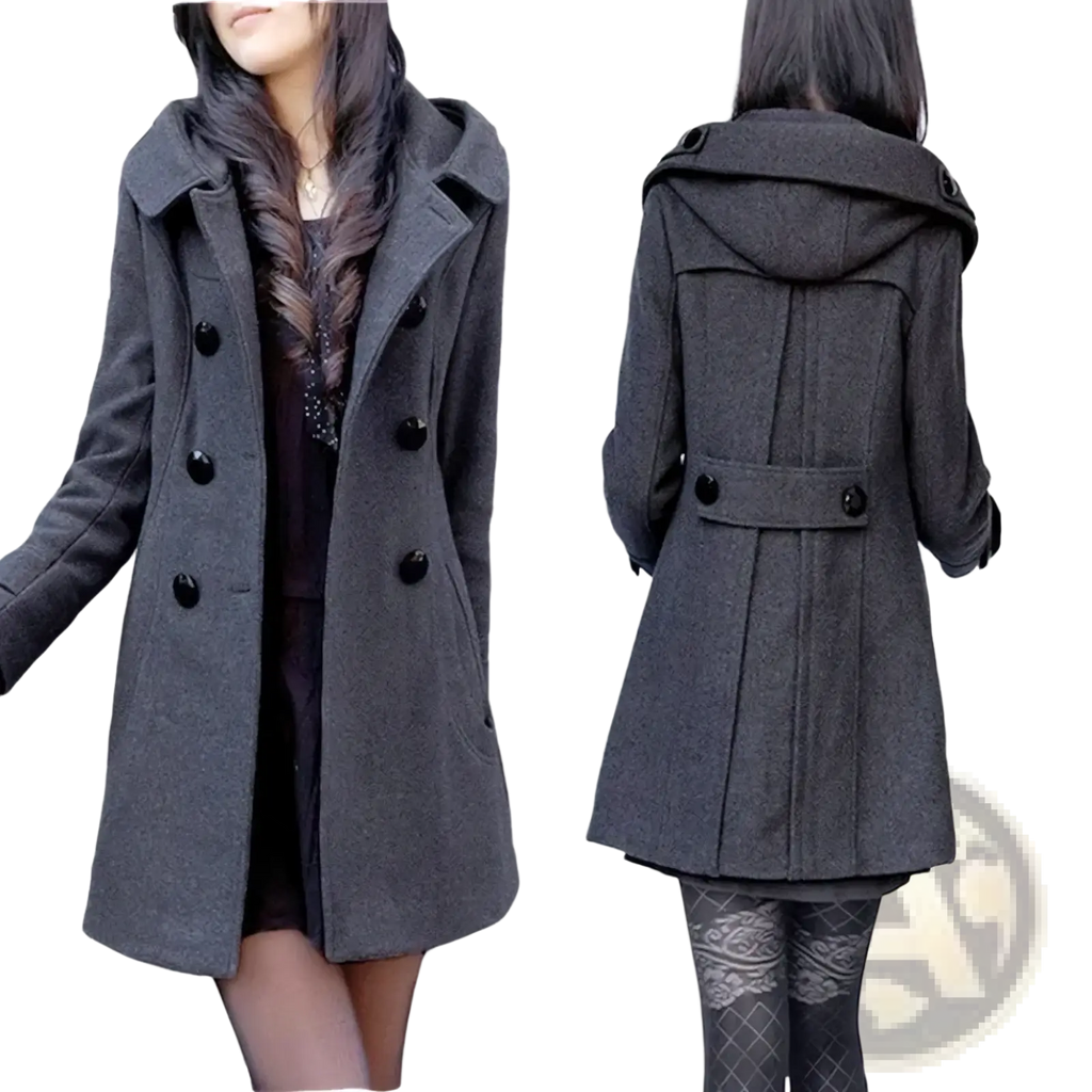 Dark gray woolen hooded double-breasted coat with black buttons showcasing the front side of the garment