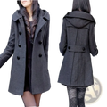 Dark gray woolen hooded double-breasted coat with black buttons showcasing the front side of the garment