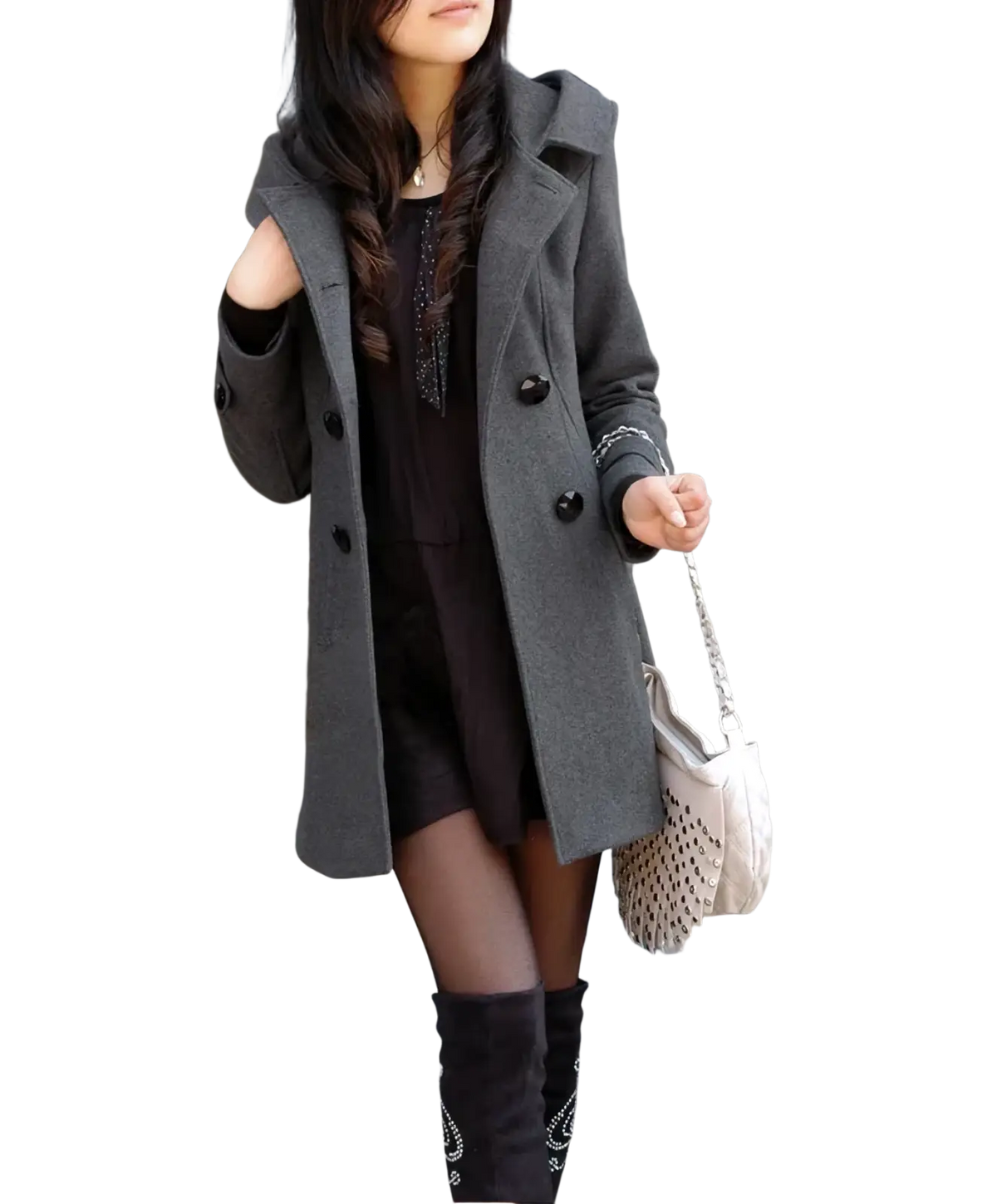 Gray woolen hooded double-breasted coat with black buttons and notched collar for stylish cold weather wear