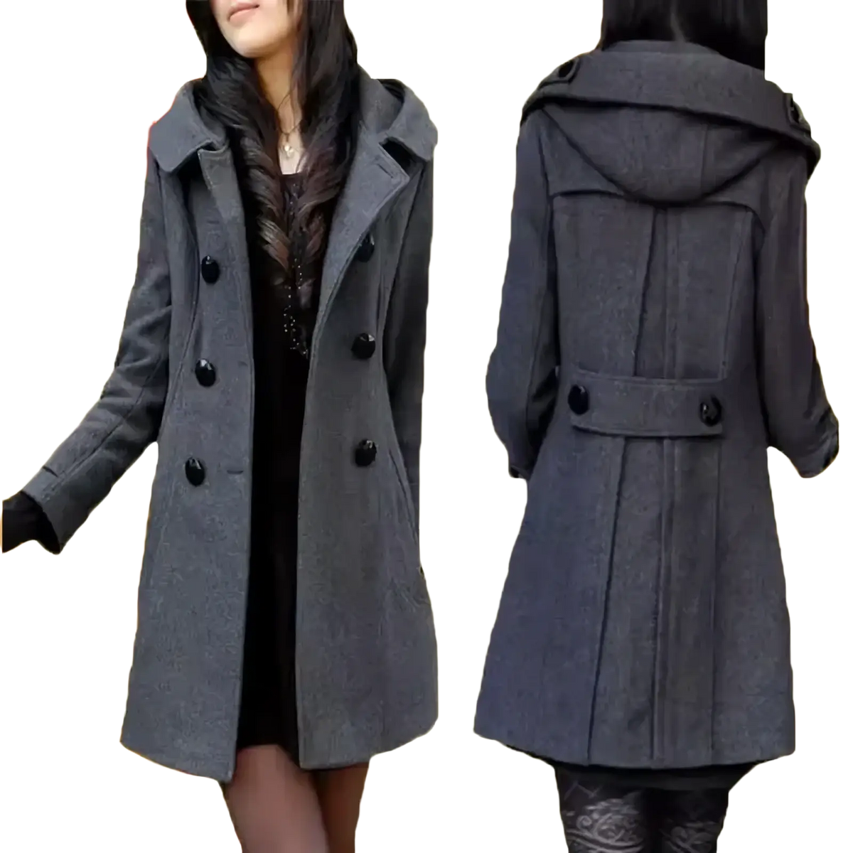 Gray woolen hooded double-breasted coat with black buttons showcases warm and stylish outerwear design