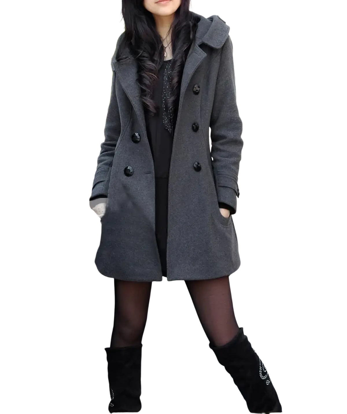 Gray woolen hooded double-breasted coat with black buttons designed for warmth and style
