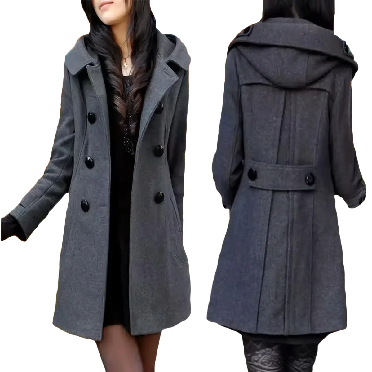 Gray woolen hooded double-breasted coat with black buttons designed for warmth and style in cold weather