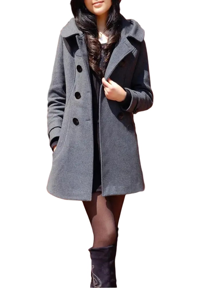 Gray woolen hooded double-breasted coat with black buttons and a notched collar for cold weather wear